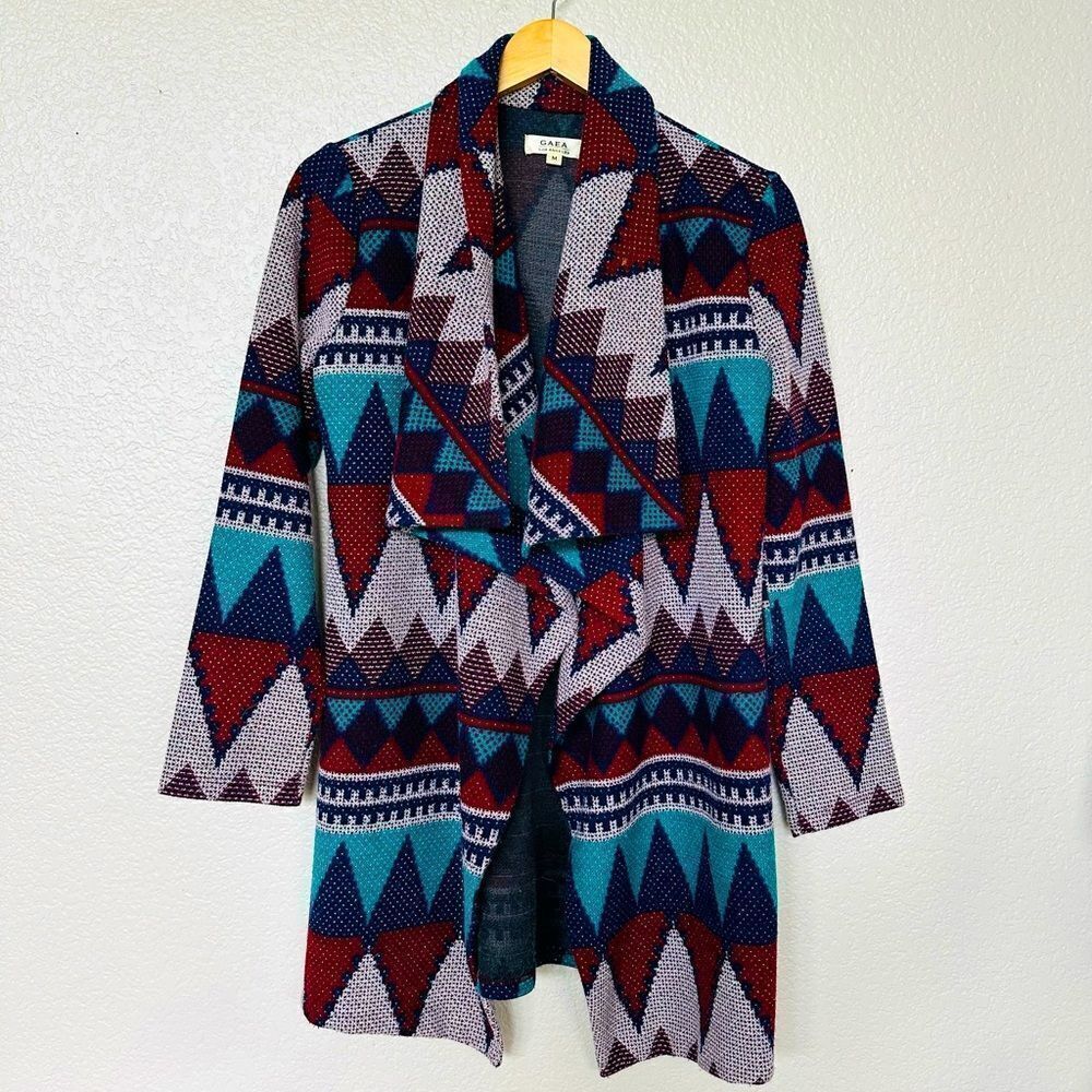 Boho Aztec Southwest Turquoise Cardigan Shrug Sweater M